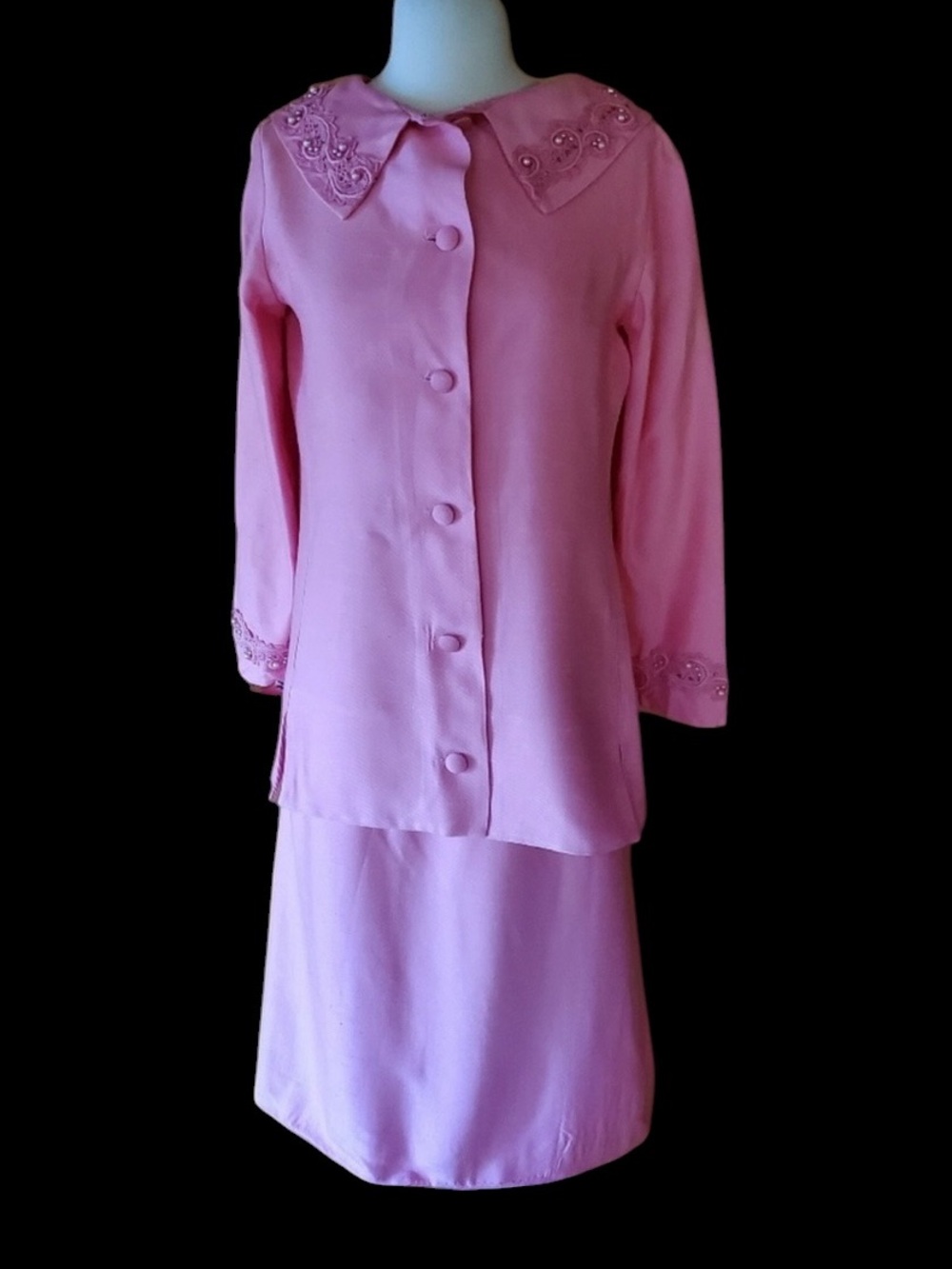 1960s Alfred Werber Pink Linen Beaded‎ Dress Suit